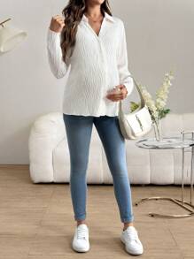 SHEIN V-Neck Textured Casual T-Shirt For Autumn, White, Maternity T-Shirt