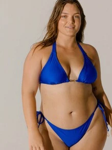 Aralina Plus Size Curve Vibrant Blue Solid Front Gold Trim Detail Halter Neck Triangle Bikini Set With Swim Bag Summer - Blue - View 10