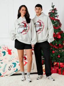 Manfinity Unisex Santa Claus Graphic Loose Drop Shoulder Hooded Sweatshirt, Suitable For Christmas Going Out, Light Grey Long Sleeve Hoodie, For Friends, Husband, Boyfriend Gifts