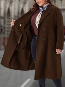 EMERY ROSE 大码女式冬季纯色缺口翻领长袖双排扣口袋优雅羊毛冬季女式大衣 - 咖啡棕 - 查看 8