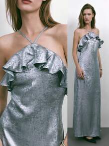 Maija Metallic Color Holiday Party Dress For Women With Ruffle Hem, Modern Elegant, Autumn/Winter - Gold - View 1