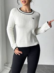 SHEIN Unity 女士刺绣图案圆领长袖针织衫，撞色滚边，秋冬季 - 白色 - 查看 6