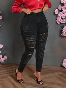 Slaydiva Plus Size Black Stretch Skinny Ripped Jeans - Black - View 3