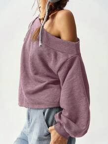 Bohemela Vacation Solid Color Knit Loose Fit Asymmetrical Neck Long Sleeve Women Sweatshirt