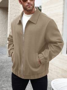 Manfinity Homme Plus Size Men Solid Zipper Casual Jacket, Minimalist Everyday Style - Khaki - View 5