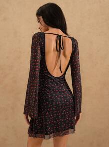 Forever 21 Đầm mini thường ngày cổ tròn tay dài in họa tiết toàn thân cho nữ - màu đen - Xem 4
