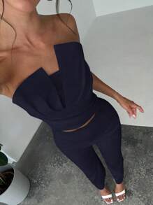Firerie 女士优雅不对称紧身抹胸上衣和高腰仿骨直筒裤 - 藏蓝色 - 查看 5
