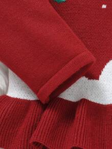 Baby Girls Cute Red Christmas Themed Knit Sweater,Autumn Long Sleeve Crew Neck Flounced Hem Soft Knitwear For Birthday,Casual,Home,Daycare & Parties - Red - View 3