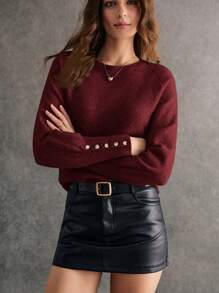 Áo len dài tay cổ tròn tay raglan màu trơn thường ngày cho nữ, mùa thu/đông - Màu Đỏ Sâu - Xem 7