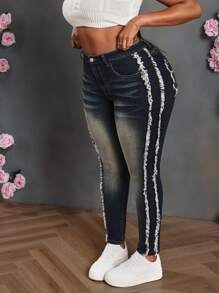 Slaydiva Plus Size Sexy Skinny Stretch Distressed Blue Jeans - Dark Wash - View 4