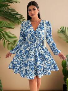 SHEIN Franclia 大码女式花卉印花褶皱长袖腰带优雅连衣裙 - 藍色 - 查看 4