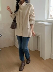 DAZY 女式纯色落肩长袖单排扣宽松休闲常规夹克，秋季