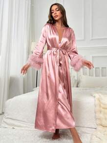 Fuzzy Trim Satin Robe & Contrast Lace Cami Dress PJ Set / Pajama Set - Pink - View 5