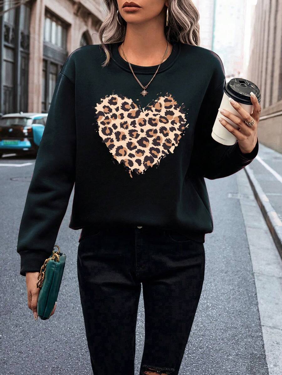 INAWLY Áo nỉ dài tay cổ tròn in hình trái tim cho nữ - màu đen - Xem 1