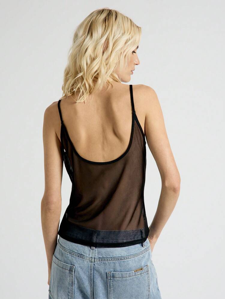 AiiRZ Sheer Mesh Cami Top Spaghetti Strap Tank Layering Piece Club Night Out Festival Summer Fashion Basic Essential