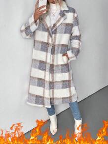 SHEIN Clasi Women Turndown Collar Single-Breasted Warm Plush Checkered Print Jacket