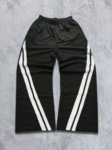 SHEIN 女士松紧腰侧条纹直筒宽松休闲运动裤 - 黑色 - 查看 4