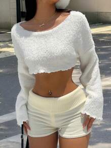 Muchica Áo thun ngắn tay dài cổ tròn trễ vai màu trơn cho nữ, mùa thu/đông - trắng - Xem 1