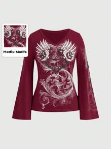 ROMWE Fairycore Áo thun nữ cổ chữ V dài tay in họa tiết đơn giản, mặc thường ngày - Đỏ - Xem 1