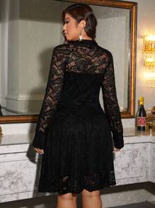 Rometta Elegant Lace Hollow Out Stand Collar Long Sleeve High Waist A-Line Mini Dress For Plus Size Women, Suitable For Party And Prom Fall Cloth For Women - Black - View 2