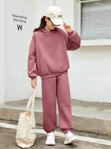 SHEIN Set 2 bucăți pentru fete Tween, cu hanorac și pantaloni groși, căptușiți cu captuseală termică, ținută școlară/casual