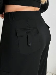 SHEIN CURVE+ Plus Size Women's High Waisted Elastic Wide Leg Pants, Daily Casual Streetwear With Pockets, Workwear Style,