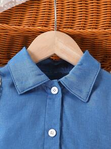 2pcs Young Girl Casual Front Button Closure Long Sleeve Top And Dress Set