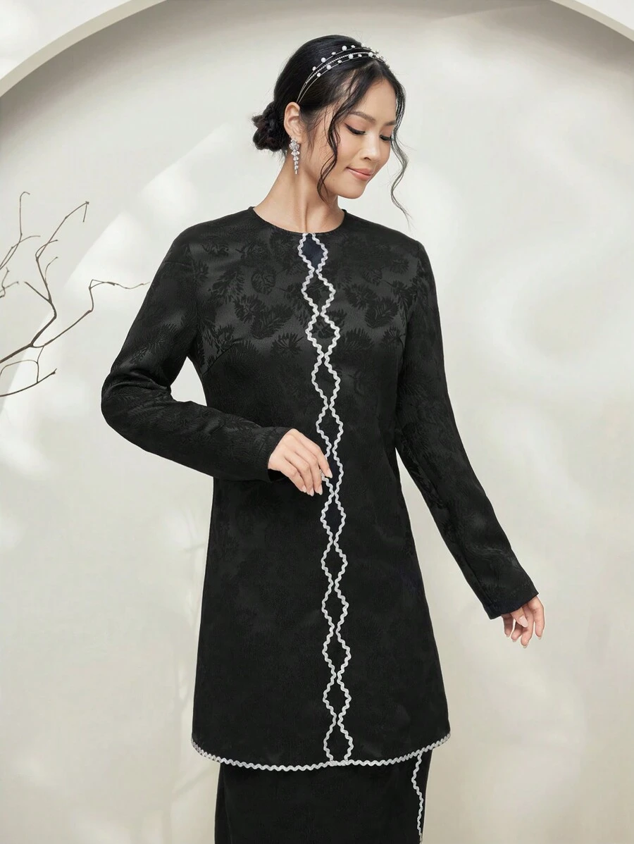 Graceveil Baju Kurung Women's Jacquard Knit Black Contrast Ruffle Trim Long Sleeve Sweater Modest