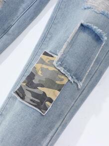 Tween Boy Cartoon Bear Patched Ripped Casual Denim Jeans