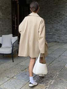 DAZY Áo khoác dài tay rộng rãi màu trơn có dây rút, túi ve áo cho nữ, Quần áo mùa thu cho nữ - Màu Khaki - Xem 2