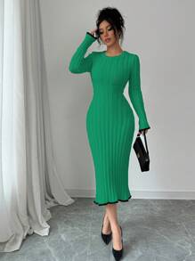 Elenzga Women's Solid Color Round Neck Long Sleeve Casual Backless Tie Knit Sweater Dress - Green - View 6