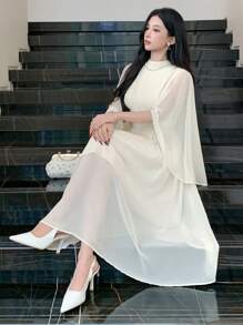 DAZY Women Stand Collar Pleated Ruffle Sleeve Mid-Calf Dress Prom Dress Sundress,Fall Clothes Long Sleeve Dress Wedding Women Dresses Elegant Women Dresses - Beige - View 8