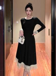 DAZY Mid-Length Color Block Ruffle Hem Dress For Women, Suitable For Dates Prom Dress,Fall Dress Elegant Women Dresses - Black - View 8