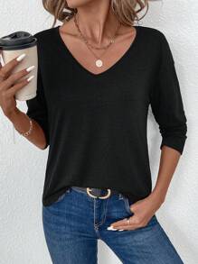 SHEIN LUNE 女士休闲简约常规 V 领长袖黑色 T 恤上衣，适合秋冬季