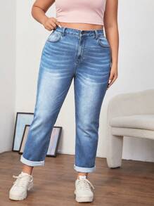 SHEIN ICON Große Größen Lässig gewaschene minimalistische Jeans mit Taper-Passform - Mittele Waschung - Übersicht 1