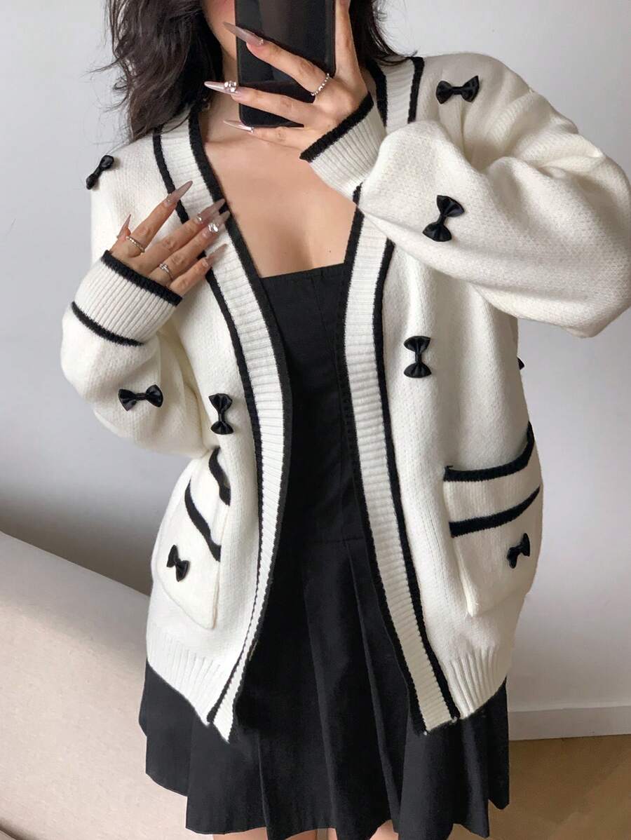 SHEIN MOD Casual Contrast Color Trim Bow Decor Cardigan, Autumn/Winter
