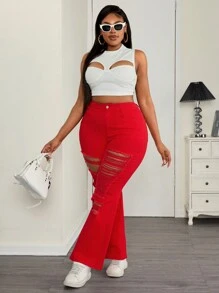 SHEIN ICON 大码女式破洞休闲牛仔裤，简约时尚，适合日常穿着 - 紅色 - 查看 5