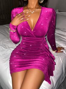 SOLERSUN Elegant Christmas Ruffled Hem Glitter Bodycon Mini Dress For Holiday Party Clothes Velvet Women Outfit