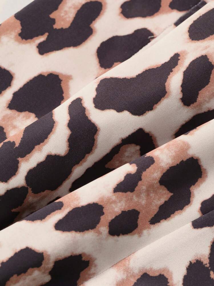 Women Leopard Print Front Tie Long Sleeve Sleepwear Robe, Casual For Daily Wear Pajama