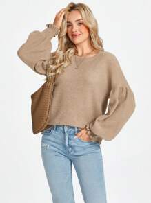 SHEIN LUNE Round Neck Long Lantern Sleeves Frill Trim Textured Fabric Casual Elegant Comfortable Warm Base Layer T-Shirt For Women, Autumn/Winter Winter Clothes For Women