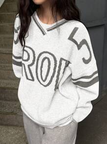 DAZY Women's Loose Fit Long Sleeve V-Neck Letter Jacquard Sweater Boho,Fall Women Clothes