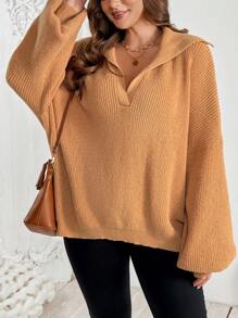 SHEIN VCAY 大码水手领半拉链套头毛衣 - 棕色 - 查看 4