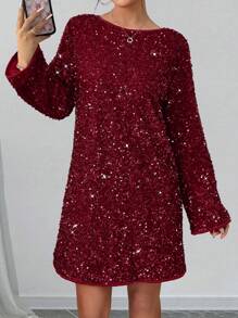 Rafferiza Women's Elegant Sequin Bow Decor Christmas Dress, Casual Short Loose Fit Party Dress Fall Cloth For Women