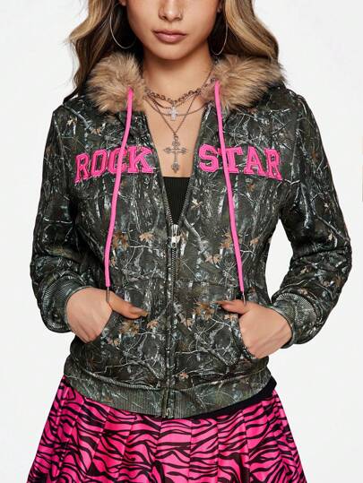 Sweat-shirt à capuche style Y2K en épais polaire avec imprimé camouflage et broderie de lettres. Sweat-shirt de rue pour femmes, pour l'automne/l'hiver