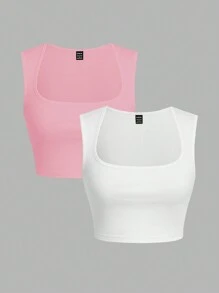 Slaydiva 2pcs Solid Color Scoop Neck Cropped Camisole Tank Top, Minimalist Style Suitable For Spring & Summer Back To School - Multicolor - View 2