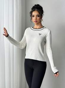 SHEIN Unity 女士刺绣图案圆领长袖针织衫，撞色滚边，秋冬季 - 白色 - 查看 5