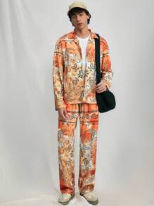 Manfinity VCAY 2pcs Men Casual Loose Fit Long Sleeve Shirt And Elastic Waist Straight Leg Pants Suit Set - Orange - View 1