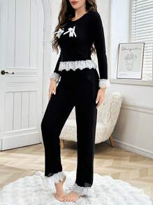 Conjunto de pijama de mujer de manga larga y pantalón largo informal con detalles de encaje y moño en color contrastante