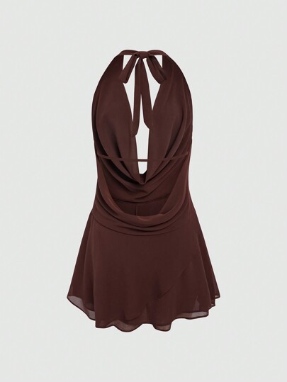 ROMWE Vestido curto de uma cor com decote profundo e costas descobertas, com laço no pescoço, Verão