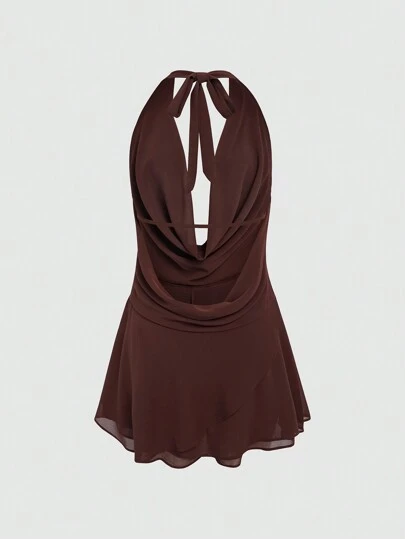 ROMWE Vestido curto de uma cor com decote profundo e costas descobertas, com laço no pescoço, Verão